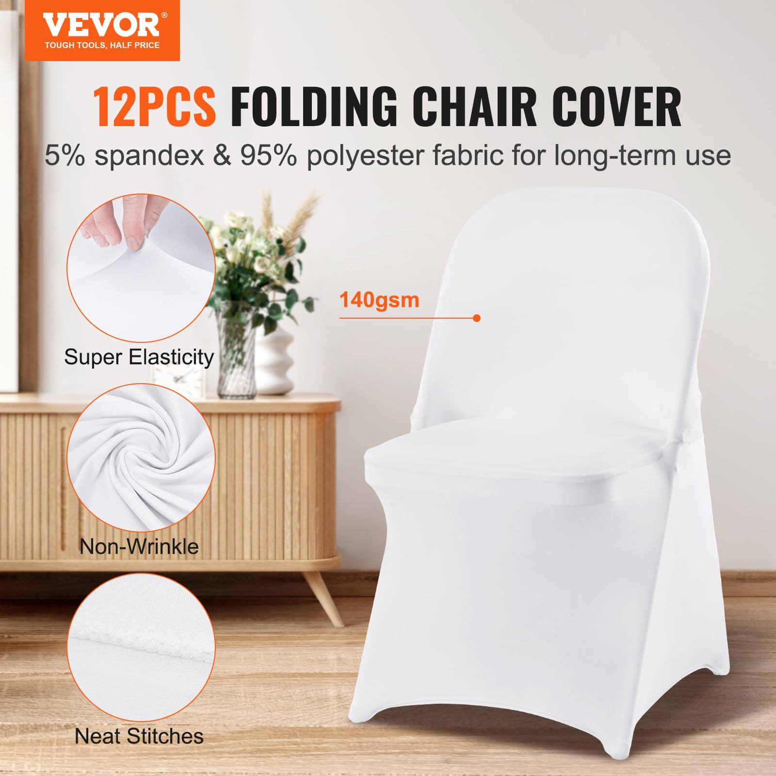 Vevor White Stretch Spandex Chair Covers - 12 Pcs, Folding Kitchen Chairs Cover, Universal Washable Slipcovers Protector, Remova